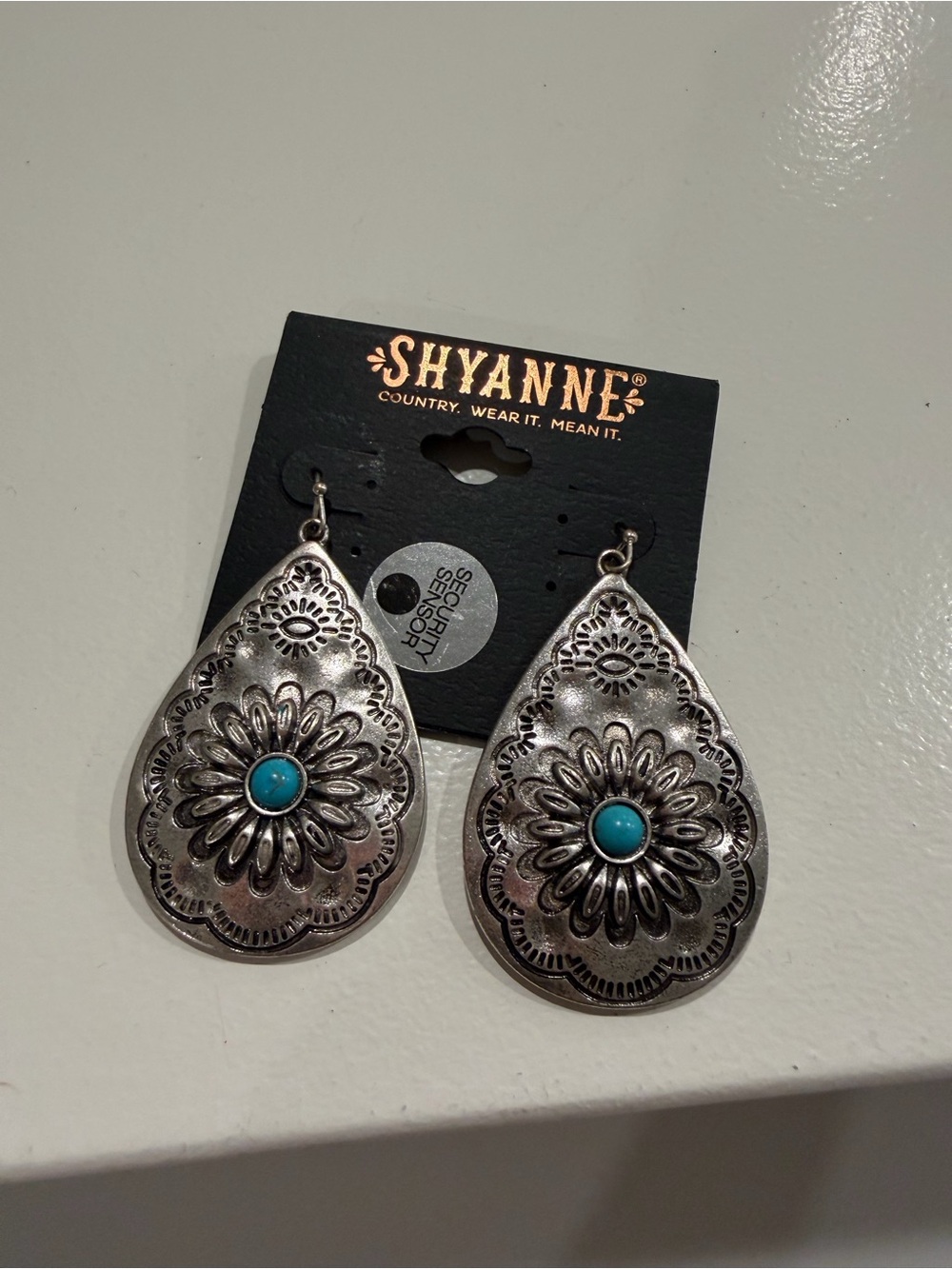 Shyanne Silver Textured Round Drop Earrings with Turquoise Center